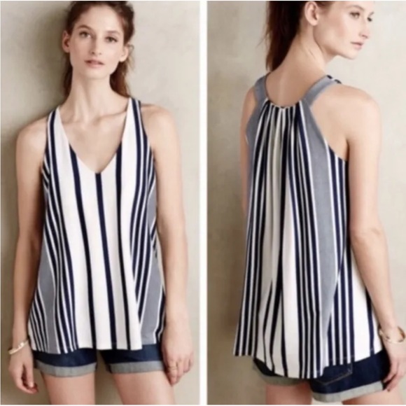 PUELLA ANTHROPOLOGIE white Navy Blue Striped Top Size S Women Casual AD8 - Picture 1 of 3